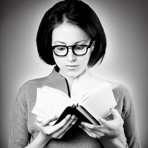 Prompt: a beautiful women readinf a book, nerdy, award winning photo, greyscale