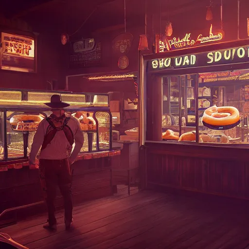 Image similar to Donuts on display at a USA western saloon in the 1800s, robot barkeep, muted cyberpunk style, tranquil, busy but lonely, atmospheric, hazy, sweltering, autochrome, 8k, reflections, octane render, unreal engine 5