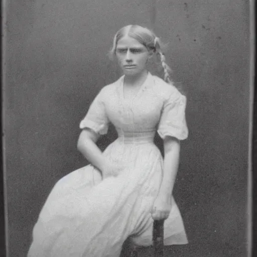 Prompt: 1 9 th century photograph of a working class girl, sitting, long blonde hair, white dress, stern look