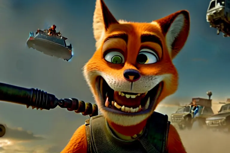 Image similar to nick wilde, heavily armed and armored facing down armageddon in a dark and gritty reboot from the makers of mad max : fury road : witness me