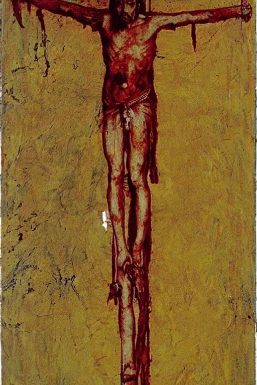 Prompt: bloody jesus christ crucified with a ufo of light above him painted by cy twombly and andy warhol