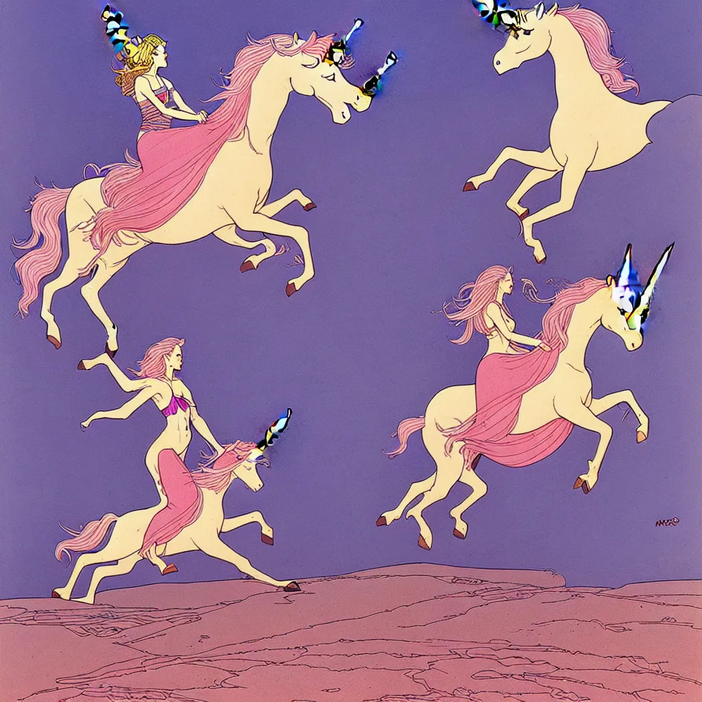 Image similar to woman riding a unicorn by moebius