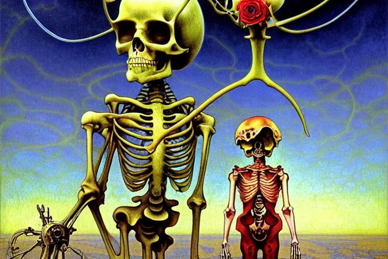 Image similar to realistic detailed portrait painting of a kid with a skeleton with a single rose wearing sci-fi helmet in a dystopian landscape by Jean Delville, Amano, Yves Tanguy, Alphonse Mucha, Ernst Haeckel, Edward Robert Hughes, Roger Dean, cinematic composition, dramatic pose, masterpiece, rich moody colours, blue eyes, 4k details