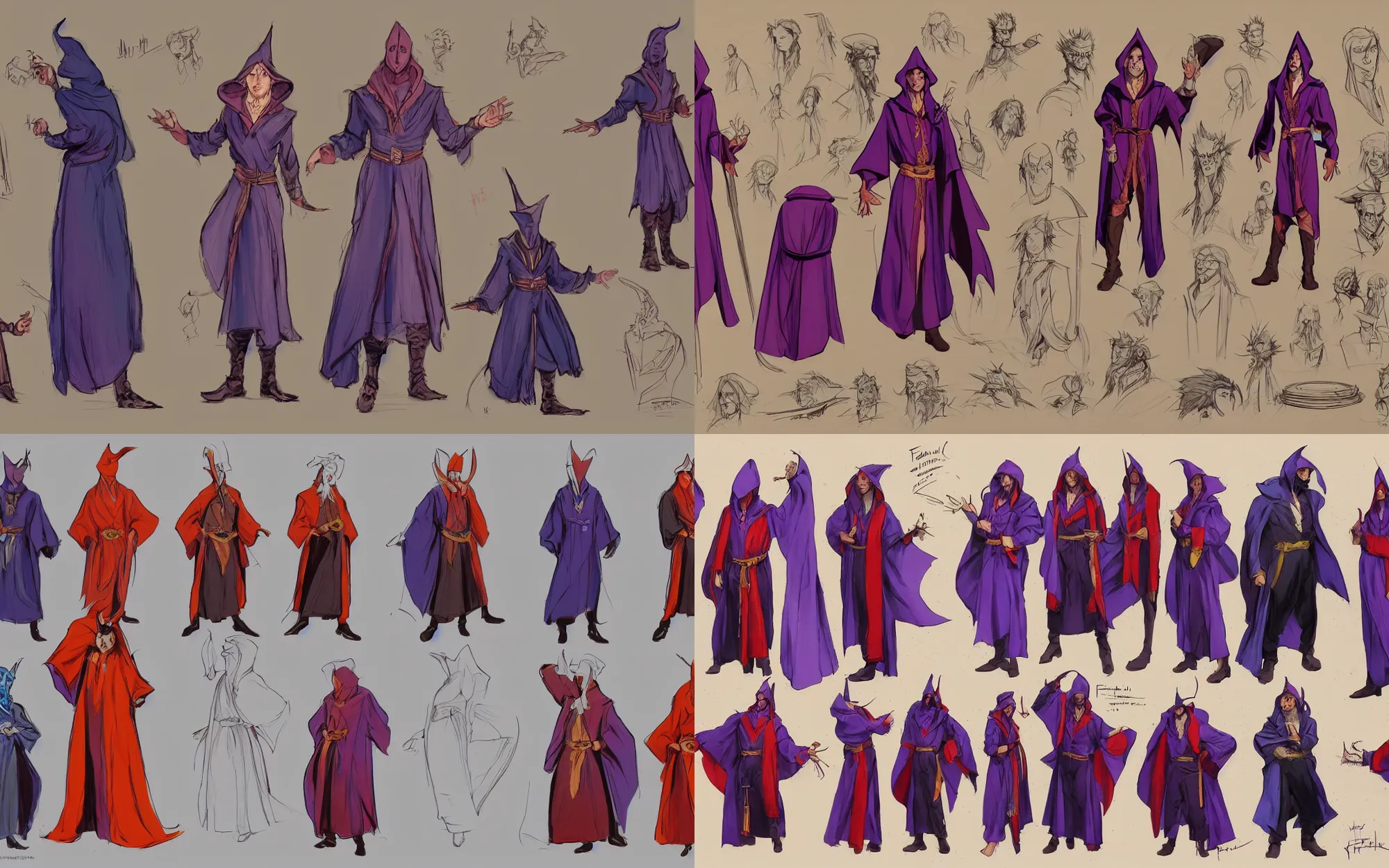 Prompt: traditional character design sheet, cinematic clean concept art of a vivid vibrant male magician wizard, potion belt, robes, hood, art by frank frazetta, artsation, 8k,