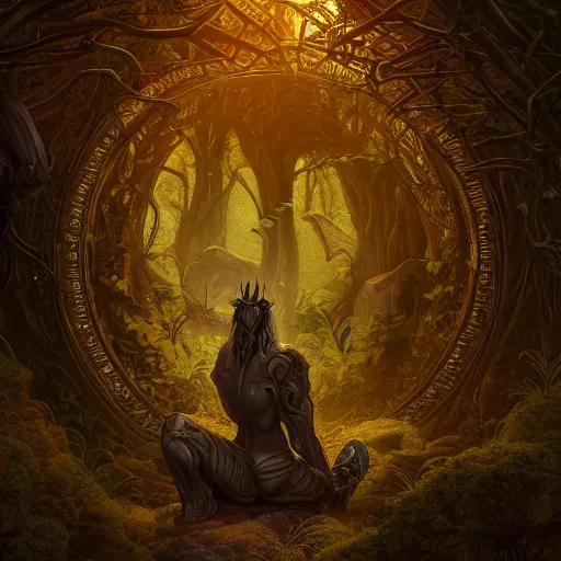 Image similar to Minotaur meditating, hedge maze, dark fantasy esoteric, D&D, fantasy, cinematic lighting, intricate, elegant, highly detailed, digital painting, artstation, concept art, matte, sharp focus, illustration