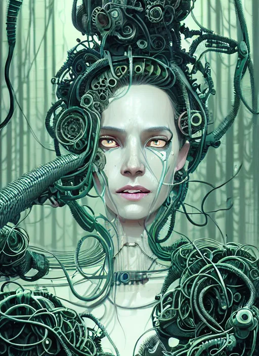 Image similar to highly detailed portrait of a biomechanical long curly white hair tribal lady, stray wiring by atey ghailan, james gilleard, by joe fenton, by greg rutkowski, by greg tocchini, by kaethe butcher, 4 k resolution, gradient green, black and white color scheme!!! ( ( forested robotic dense jungle background ) )