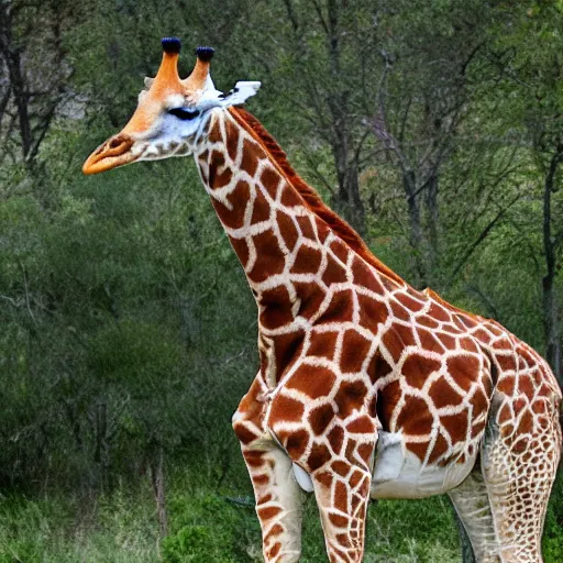 Prompt: giraffe with white feathers and orange bill