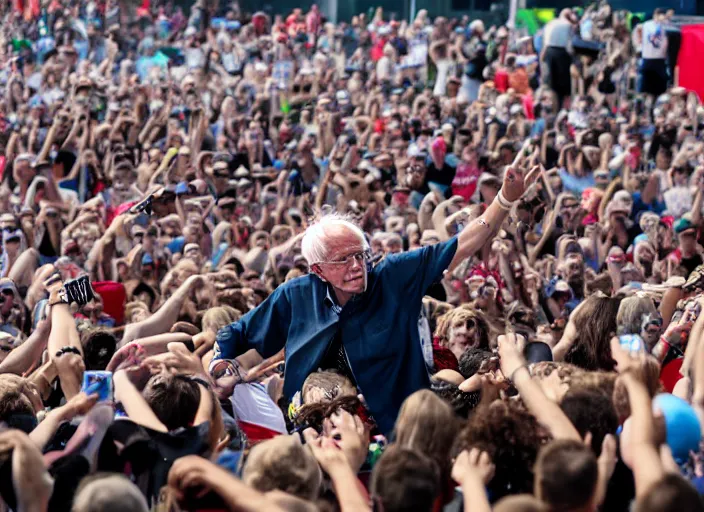 Image similar to photo still of bernie sanders at vans warped tour!!!!!!!! at age 8 0 years old 8 0 years of age!!!!!!! stage diving into a crowd, 8 k, 8 5 mm f 1. 8, studio lighting, rim light, right side key light