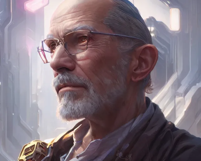 Image similar to oldman with cyberpunk implants, deep focus, d & d, fantasy, intricate, elegant, highly detailed, digital painting, artstation, concept art, matte, sharp focus, illustration, hearthstone, art by artgerm and greg rutkowski and alphonse mucha