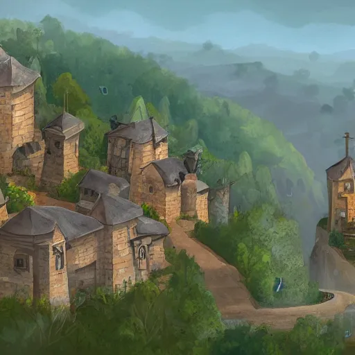 Image similar to d & d phandalin small rough and tumble town with a few cozy stone buildings along the main road. in the background on a hill is a ruined stone keep. forested area surrounds the town. view from the main road. high detail, 4 k, painting concept art