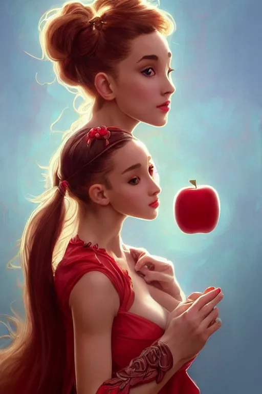 Image similar to beautiful cottagecore Ariana Grande holding a Red Apple, intricate, elegant, highly detailed, digital painting, artstation, concept art, smooth, sharp, focus, illustration, art by artgerm and greg rutkowski and alphonse mucha