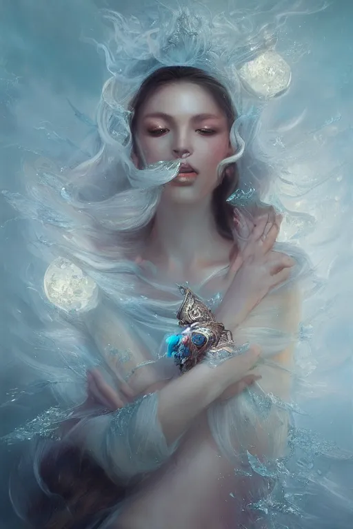 Image similar to beautiful princess floating on water with face covered with diamonds wearing frost velvet, diamonds, angel, fantasy, dramatic lighting, highly detailed, digital painting, magic the gathering, hyper detailed, 3 d render, hyper realistic detailed portrait, peter mohrbacher, wlop, ruan jia