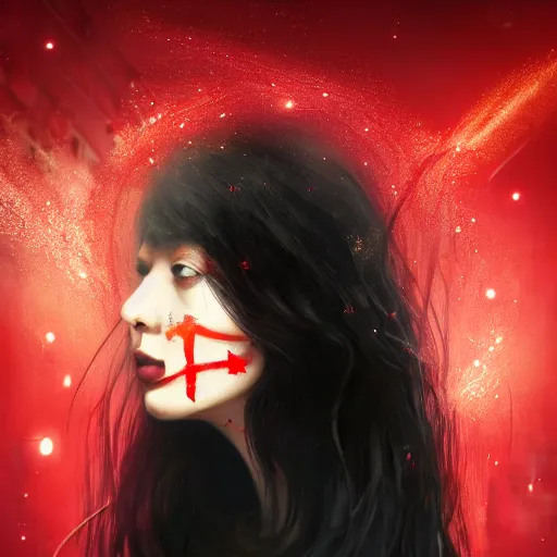 Prompt: masterpiece dynamic portrait of an aesthetic beautiful realistic black haired woman protesting, 3 0 years old woman, mid long hair, black eyed, red peace and love symbol on the cheek, digital painting by wlop, atmospheric red effects, sparkles, artstation, deviantart, large view, motion blur, black background