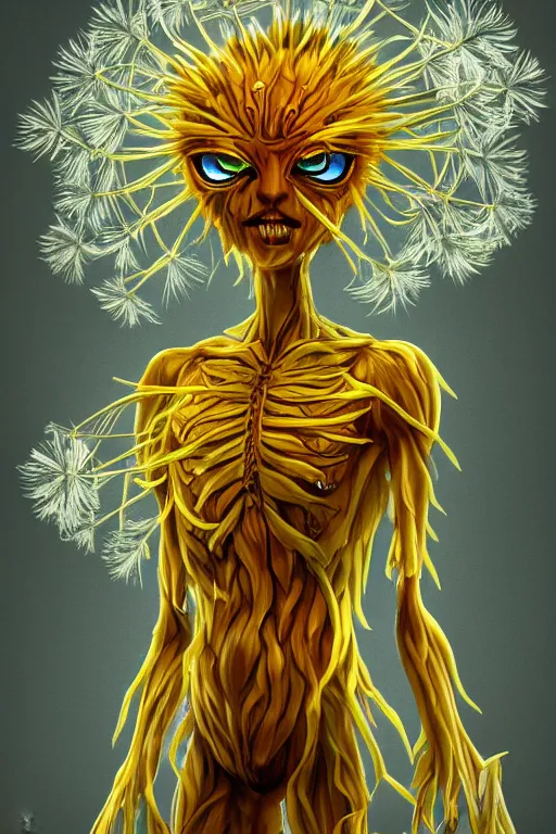 Image similar to a humanoid figure dandelion plant monster, amber eyes, highly detailed, digital art, sharp focus, ambient glow, trending on art station, anime art style