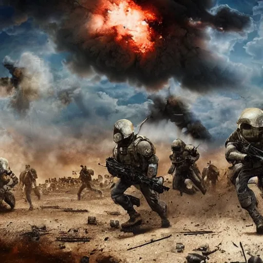 Prompt: hyper realism, realistic apocalyptic war scene, explosions, science - fiction soldiers running with armour in the middle of explosions and bullets,