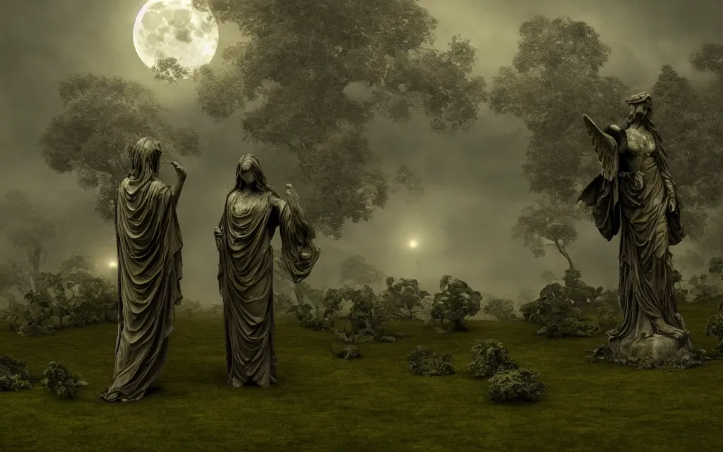 Prompt: statues of standing angels with anguished eyes and folded hands, wings, covered with ivy, placed on a lawn, night, full moon, fog, dramatic atmosphere, highly detailed, cinematic lighting, perfect composition, 4 k, gustave dore, derek zabrocki, greg rutkowski, belsinski, octane render