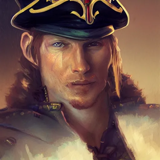 Image similar to amazing lifelike illustration of heroic handsome charming ginger rogue, long slender pointed ears, wearing a tricorne pirate captain hat, naval background, award-winning art by Greg Rutkowski