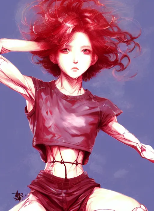 Image similar to fullbody!! yoshitaka amano and ayami kojima gorgeous girl symmetrical face, short red hair, crop top, shorts, dynamic action pose, hyper detailed, character concept, intricate, elegant, digital painting, artstation, smooth, sharp focus