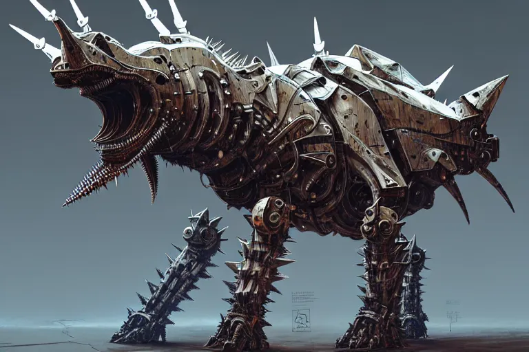 Image similar to spiky triceratops in a cyborg mech suit, by alexandre ferra, zezhou chen, peter gric, mohamed reda and hr giger, hyper detailed, screen print, character concept art, hyperrealism, coherent, octane render, zbrush central, behance hd, hypermaximalist