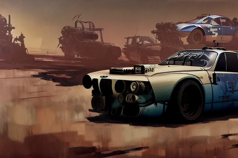 Image similar to dieselpunk mad max's bmw m 1 alpine a 1 1 0 : : speeding over the horizon : : painted by greg rutkowski makoto shinkai takashi takeuchi studio ghibli, akihiko yoshida