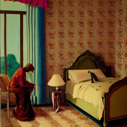 Image similar to a lonely girl in a liminal hotel room, baroque wallpaper, film still by wes anderson, depicted by balthus, limited color palette, very intricate, art nouveau, highly detailed, lights by hopper, soft pastel colors, minimalist