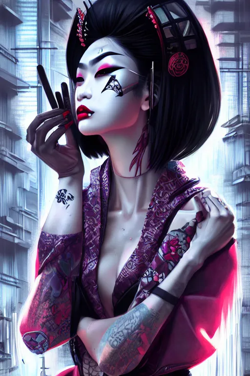 Prompt: ebony asian geisha yakuza gothic cyborg, cyberpunk city, urban decay, decay, underworld, dark art, highly detailed, digital painting, octane render, artstation, concept art, smooth, sharp focus, illustration, art by artgerm, loish, wlop