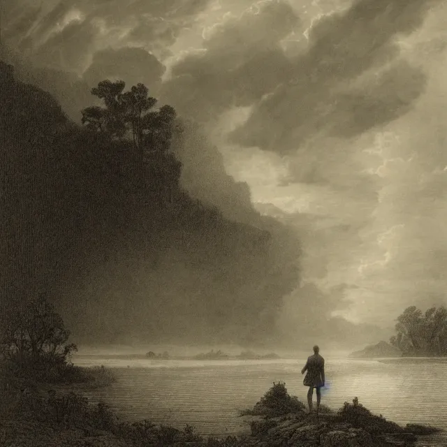 Image similar to an engraving of man in shorts standing in a shallow river by gustave dore, caspar david friedrich, foggy, depth, strong shadows, stormclouds, illuminated focal point, highly detailed