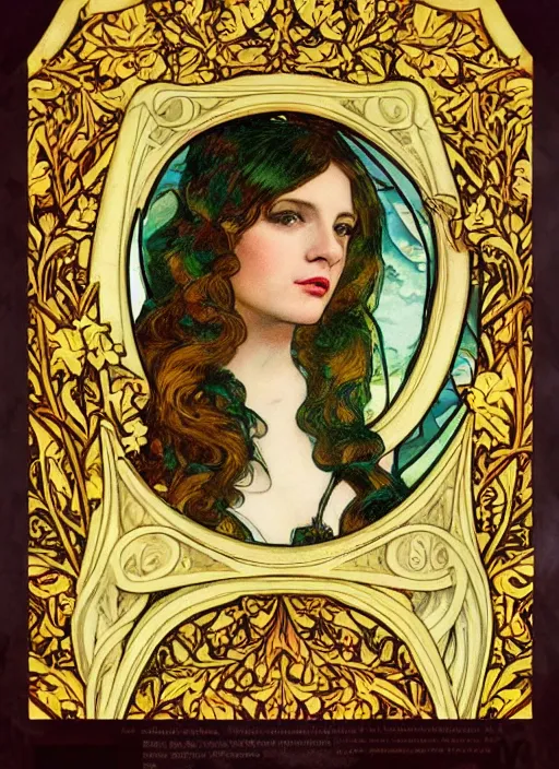 Image similar to masterpiece beautiful flowing curves pin up pose preraphaelite portrait photography, extreme closeup shot, straight bangs, thick set features, yellow ochre ornate medieval dress, amongst foliage mushroom forest arch, circle, william morris and kilian eng and mucha, framed, 4 k