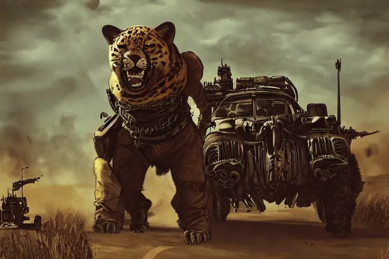 Image similar to a good ol'jaguar fursona ( from the furry fandom ), heavily armed and armored facing down armageddon in a dark and gritty version from the makers of mad max : fury road. witness me.