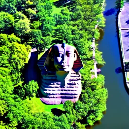 Prompt: sphinx head in central park new york aerial footage s - log low contrast grading