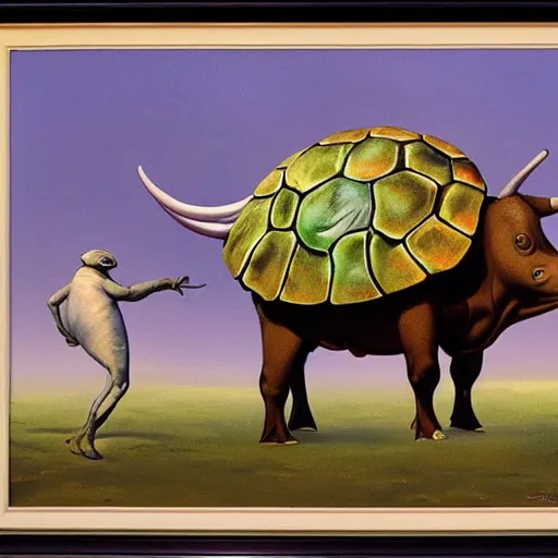 Image similar to a cow with turtle costume, surrealism, painting by boris vallejo and michael whelan