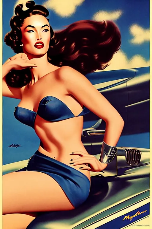 Image similar to beautiful retro space megan fox varga girl sitting on a corvette in diesel punk city, windblown dark hair, retro pinup model, seductive, 1 9 4 0, glamour pose, intricate, smoke, hyper detailed, digital art, smooth, sharp focus, alberto vargas, gil elvgren, greg rutkowski