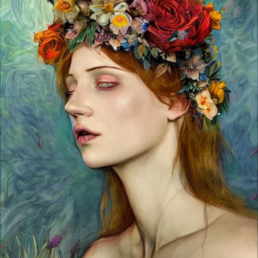 Image similar to flower queen, by annie swynnerton and tino rodriguez and charlie bowater, dramatic lighting, floral tattoos, rich colors, smooth sharp focus, extremely detailed, adolf wolfli