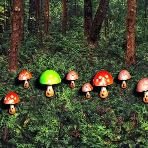 Image similar to Aliens in the shape of mushrooms being harvested by hippies in the woods, with UFO flying around, realistic