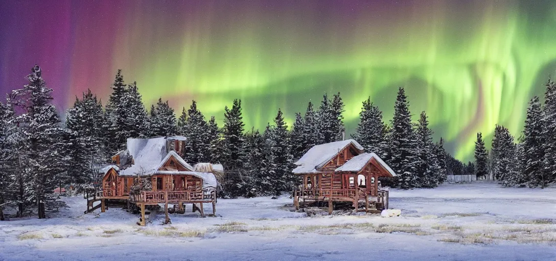 Prompt: big cozy cabins, ornate details, snowy field, on stilts, night, rainbow aurora, classic painting, award winning, highly detailed