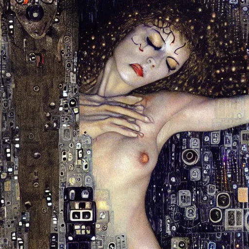 Prompt: cybernetic vampire sleeping in circuits, intricate detail, klimt, royo, whealan,