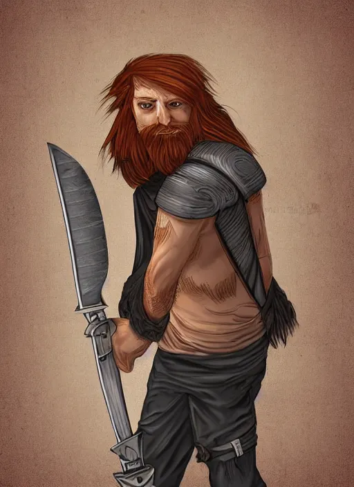 Image similar to grungy redhead 30-something scruffy bearded shoulder-length hair swordsman holding a short curved sword in a ultradetailed pacific northwest redcedar forest, smooth. sharp focus, grunge dingy high quality digital art detailed,