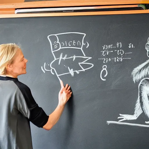 Prompt: a chimpanzee scientist teaching evolution blackboard