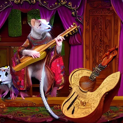 Image similar to a fancy rat man fantasy dnd bard performing on a stage playing lute, fine digital art, extreme detail, highly complex, very intricate, volumetric bushes