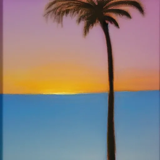 Image similar to oil painting of a palm tree silhouette against a pastel sunset