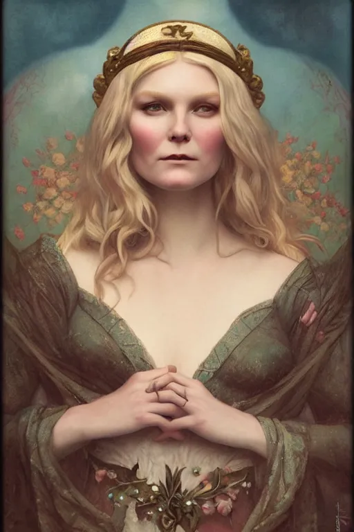 Prompt: Kirsten Dunst by Tom Bagshaw in the style of Gaston Bussière, art nouveau