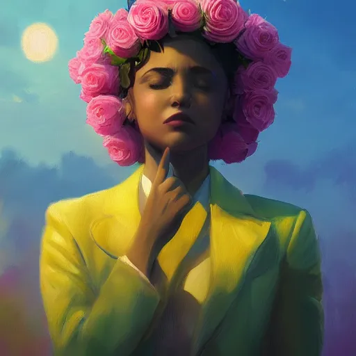 Prompt: closeup, huge rose flower head, frontal, a girl with suit, surreal photography, sunrise, dramatic light, impressionist painting, digital painting, artstation, simon stalenhag