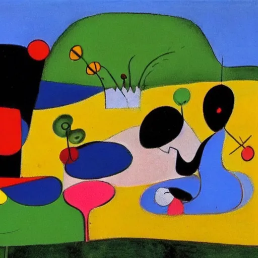 Prompt: a picnic in the park by joan miro