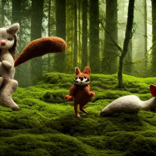 Prompt: two fantasy woodland animals playing, made of felt and cloth and beads, in a lush dark magical forest with tall trees and moss and mist, light streaming through the trees, felting, haunting and spooky, wide shot, cinematic lighting