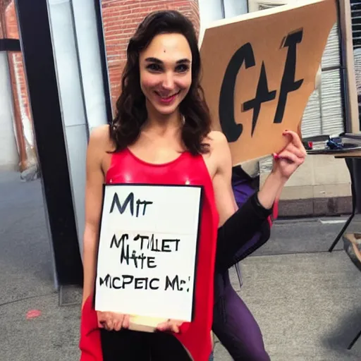 Image similar to Gal Gadot holding a sign that says M I T C H I E P O O !!!! as painted by Ralph Horsley