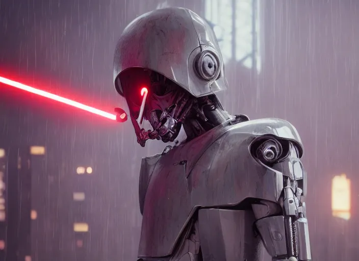 Image similar to 3 5 mm portrait photo of general grievous face with heavy duty biomechanical cybernetic body with 4 arms holding red lightsabers fighting obi wan kenobi in the city in the rain. cyberpunk horror in the style of george lucas. unreal engine render with nanite and path tracing.