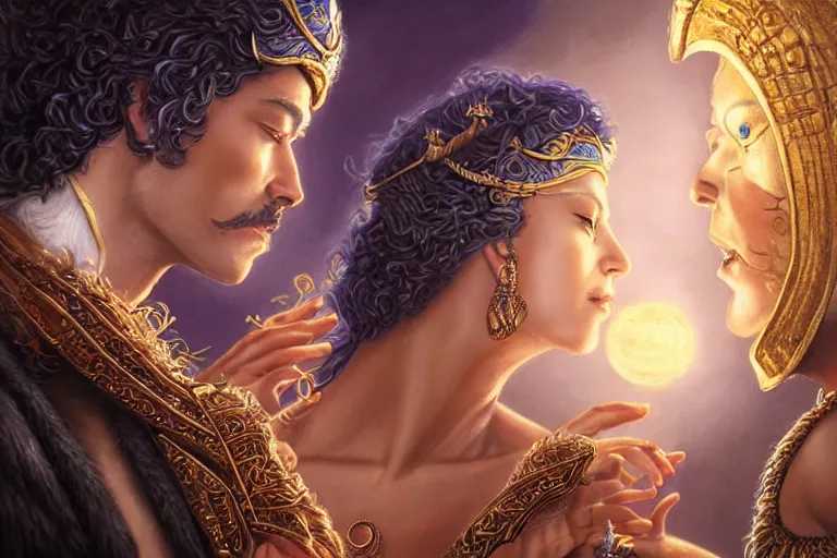 Image similar to close up moment of a divine a sun god and a moon goddess lovers magician at a wedding banquet, highly detailed, d & d, fantasy, highly detailed, digital painting, trending on artstation, concept art, sharp focus, illustration, art by artgerm and greg rutkowski and magali villeneuve