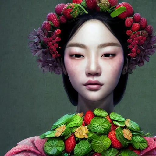 Image similar to the portrait of an absurdly beautiful, graceful, elegant, sophisticated asian woman made of strawberries and green petals, an ultrafine hyperdetailed illustration by kim jung gi, irakli nadar, intricate linework, bright colors, octopath traveler, final fantasy, unreal engine 5 highly rendered, global illumination, radiant light, detailed and intricate environment