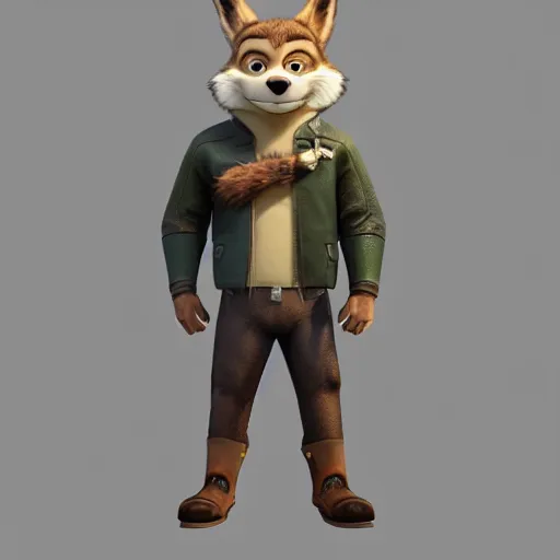 Image similar to far shot, 3d render , anthropomorphic wolf male , wearing along brown leather jacket , in the style of Zootopia