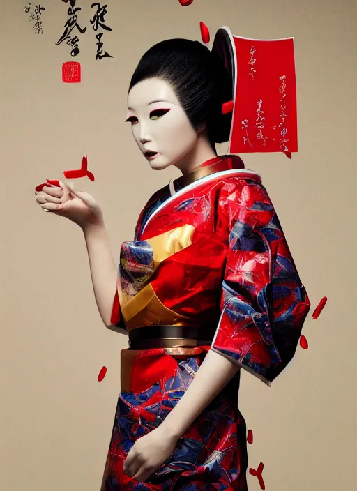 Image similar to portrait of a futuristic geisha cyborg, with a red kimono with japanese golden signs written on it, kintsugi, modern fine art, fractal, intricate, elegant, highly detailed, digital photography, parallax, subsurface scattering, in the style of ghost, by jheronimus bosch and yue minjun and greg rutkowski,